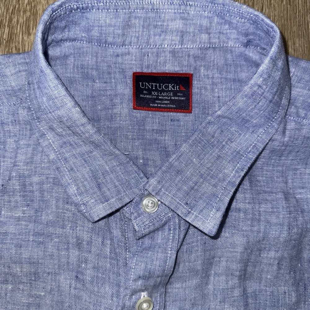 Untuckit 100% Linen Short Sleeve Button Up Shirt Men's 2XL Blue Relaxed Fit
